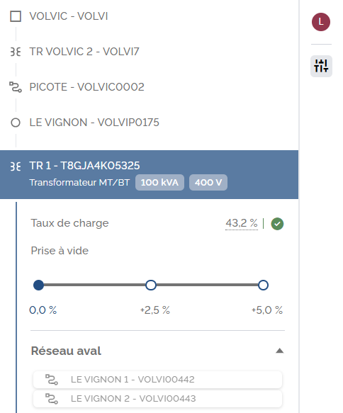 Fiche du transformateur, prise à vide réglée sur 0,0 %