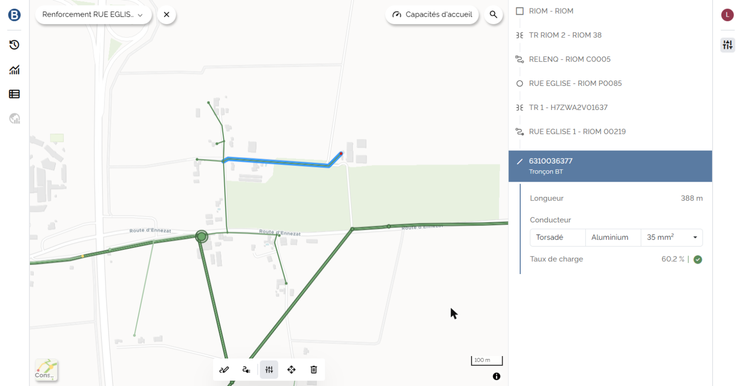 Tronçon à renforcer, sélectionné sur la carte et dans sa fiche