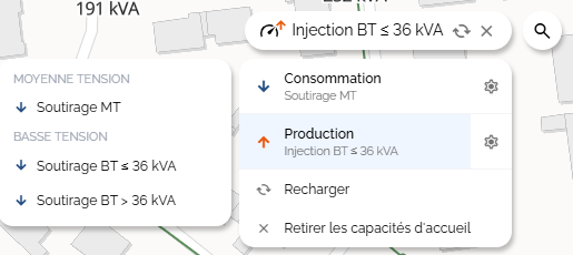 Liste des segments disponibles, groupés Moyenne Tension / Basse Tension